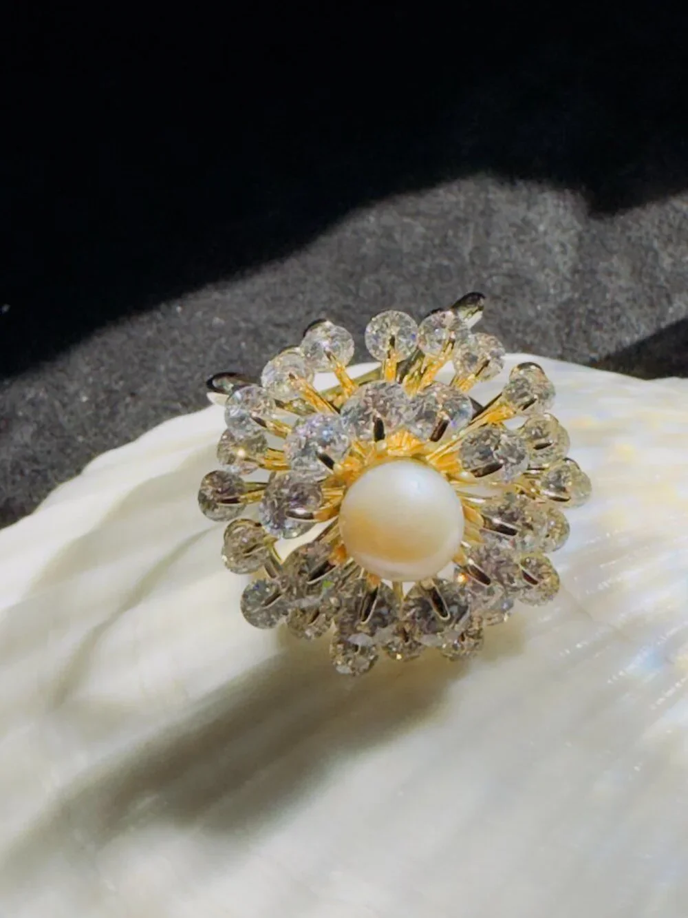 Sparkling CZ Flower Scarf Ring Pearl Center 2-in-1